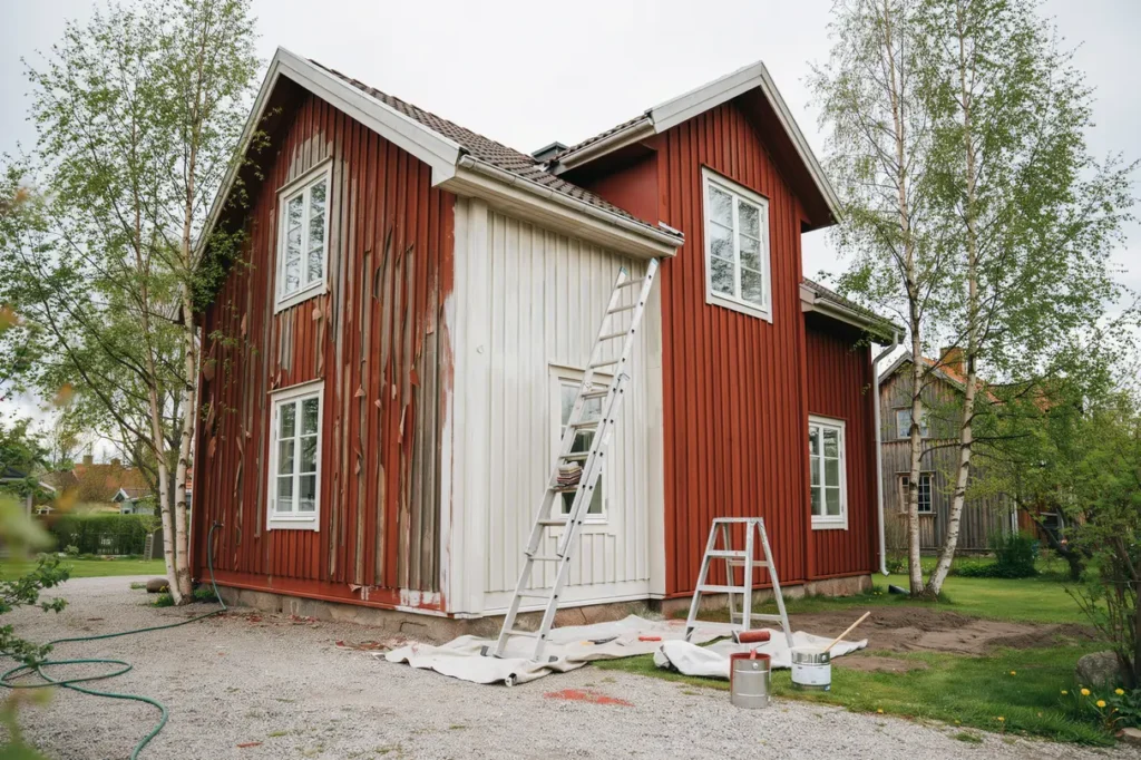 m la om tr fasad i r tt ordning tv tt skrapning grundning och t ckf rg som h ller